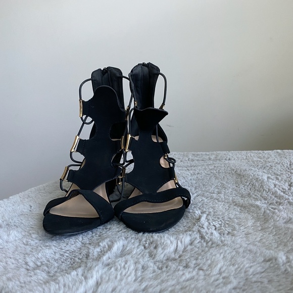 Forever Black Suede Wedges with Gold Accents - Picture 6 of 12